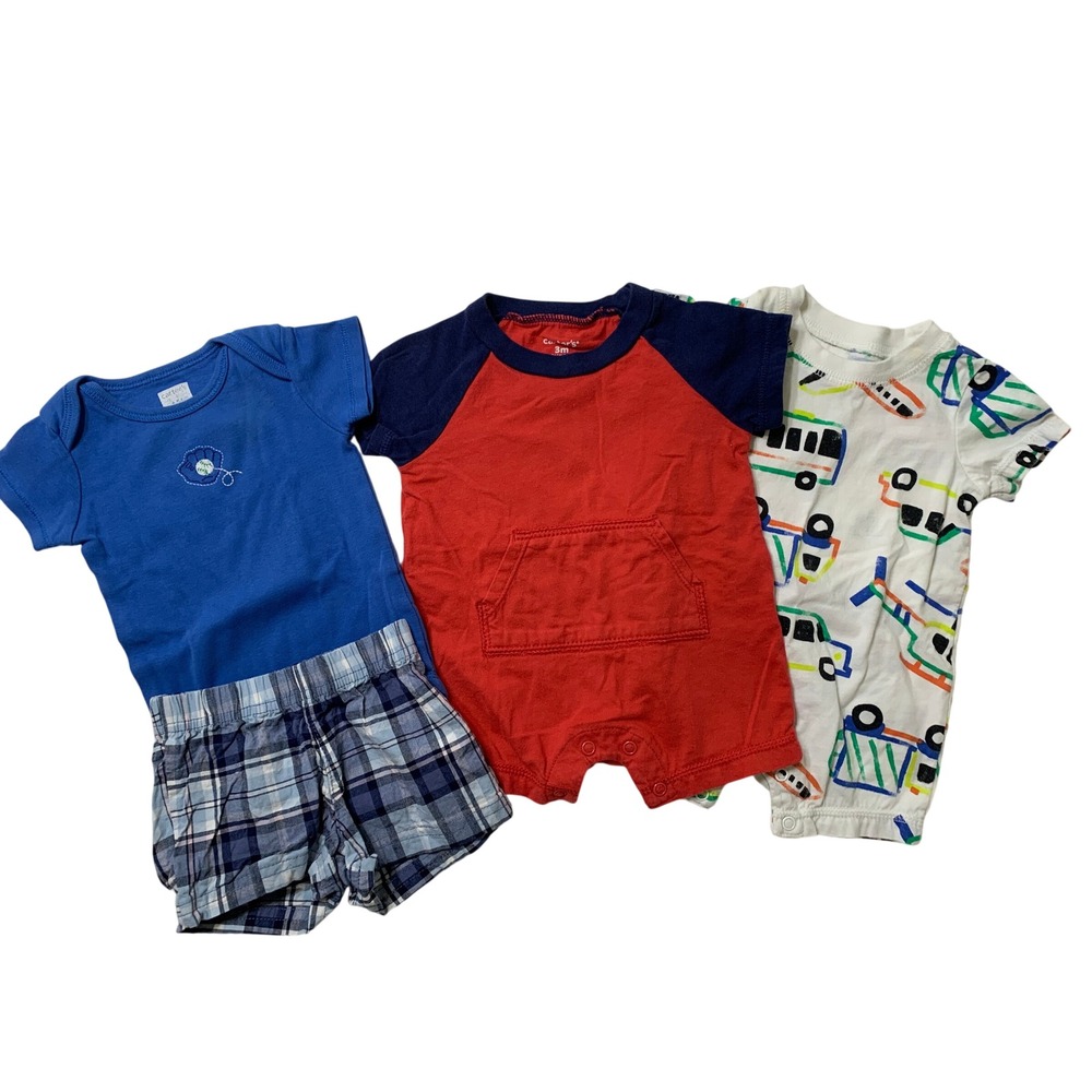 Carters Baby Boy 3M Lot 4pc Bodysuit Shorts Rompers Blue Red Plaid Vehicles